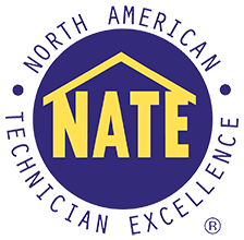 Certification NATE-logo North American Technician Excellence (NATE) logo featuring yellow letters inside a purple circle with a roofline design above the text.