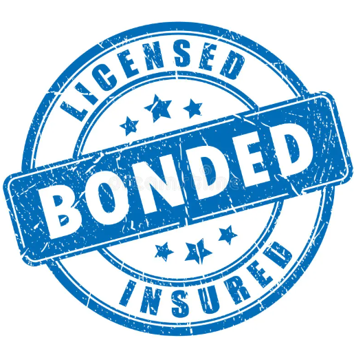 Certified Licensed Bonded and Insured Contractor Blue circular stamp graphic with the words ‘Licensed,’ ‘Bonded,’ and ‘Insured’ in bold distressed lettering.