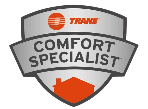 trane_comfort_specialist-removebg-preview Trane Comfort Specialist logo featuring a silver and black shield with the Trane brand name and orange house icon.